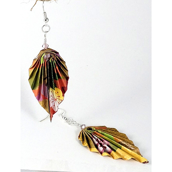 Hand Folded Origami Leaf Earrings Yellow Multi-color with Bead Accents - Picture 3 of 6
